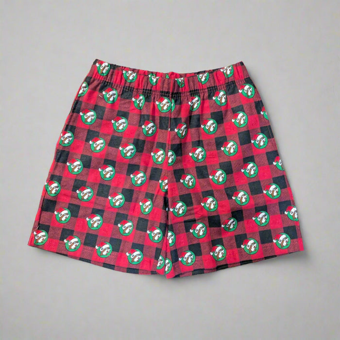 Buc-ee’s Christmas Plaid Boxers with red and black plaid pattern featuring repeating Buc-ee in a Santa hat design.