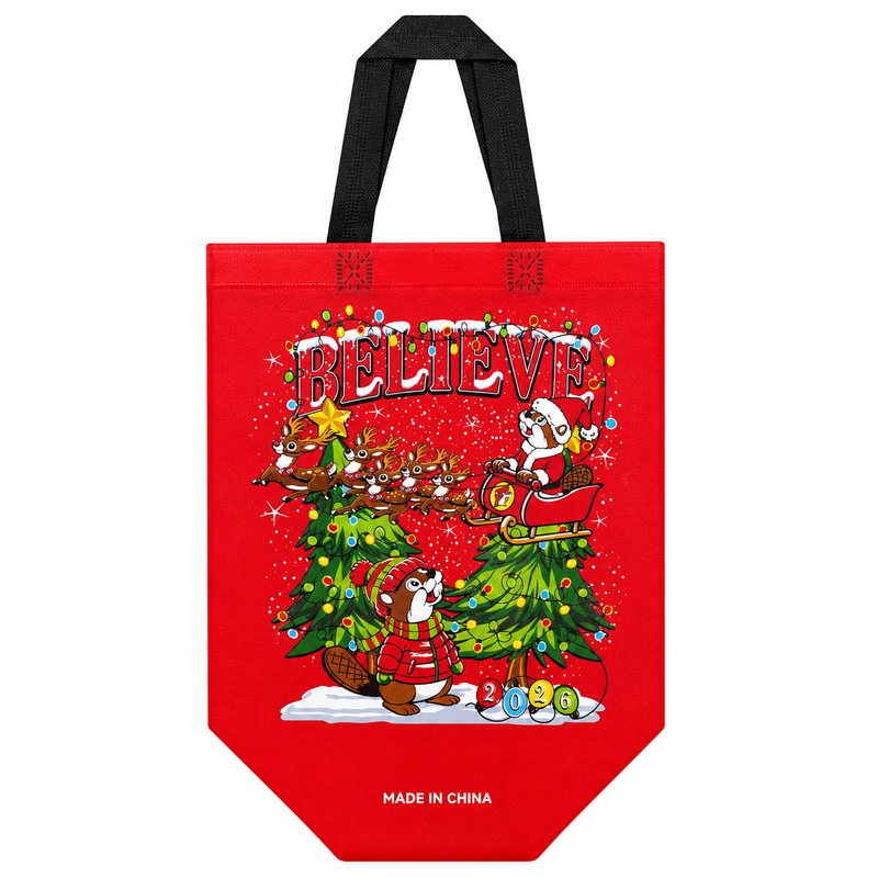 Red Buc-ee's tote bag displaying "BELIEVE" graphics, Santa Buc-ee in a sleigh with reindeer, decorated Christmas trees, and the year 2026.