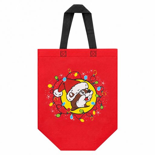 Bright red Buc-ee's reusable tote bag with black handles featuring Santa Buc-ee inside a yellow circle surrounded by colorful Christmas lights.