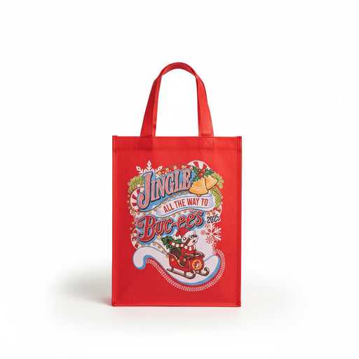 Buc-ee's Christmas Tote has the "Jingle All the Way to Buc-ee's" theme on the front.