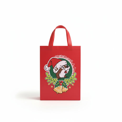 Buc-ee's Christmas Tote Back has Buc-ee logo in a circle with snow and the Christmas bells. 