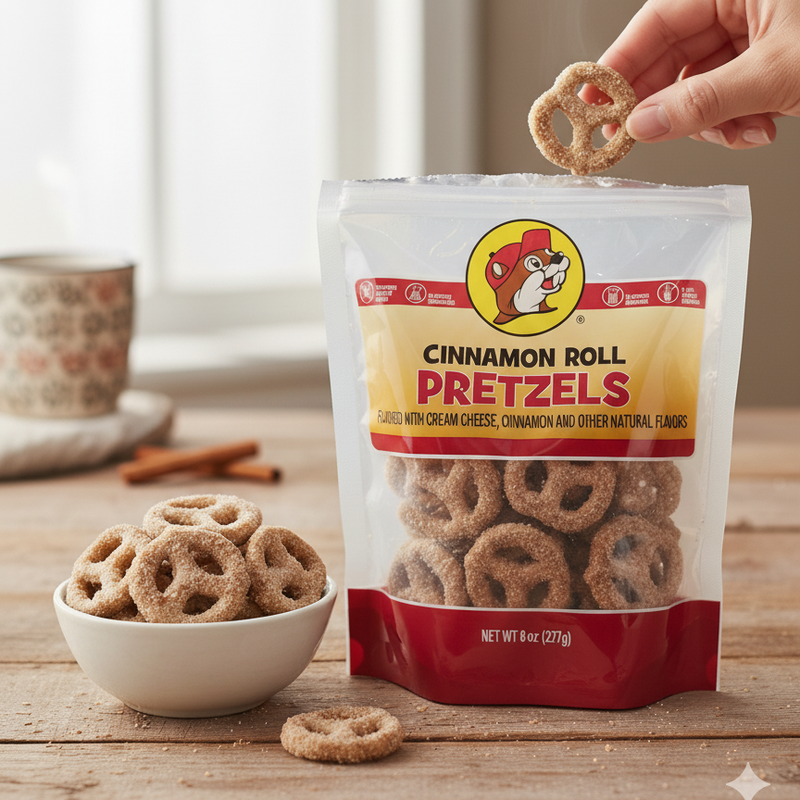 A warm, inviting lifestyle shot featuring a hand reaching into an 8 oz bag of Buc-ee's Cinnamon Roll Flavored Pretzels to pull out a single treat. The bag is placed on a rustic wooden table next to a small white bowl filled with cinnamon roll-coated pretzels. In the soft-focus background, a mug and cinnamon sticks sit near a window, emphasizing a cozy, snack-time atmosphere.