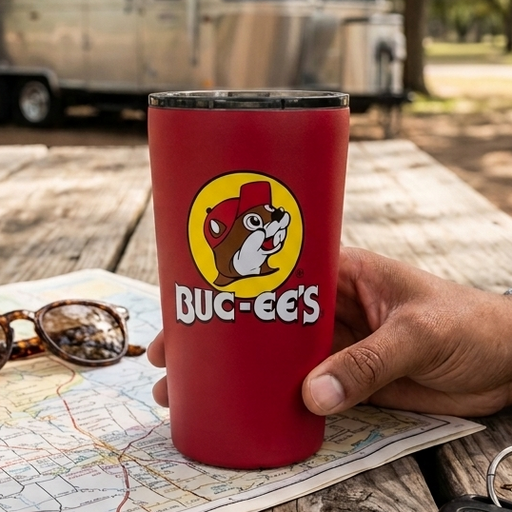 A lifestyle photograph of a matte red Buc-ee’s tumbler held by a person’s hand on a weathered wooden picnic table. The tumbler features the iconic beaver logo and is placed next to a pair of tortoiseshell sunglasses, a set of car keys with a silver carabiner, and an unfolded paper road map. In the blurred background, a silver vintage-style travel trailer is parked under a canopy of leafy green trees at a sunlit outdoor rest area.