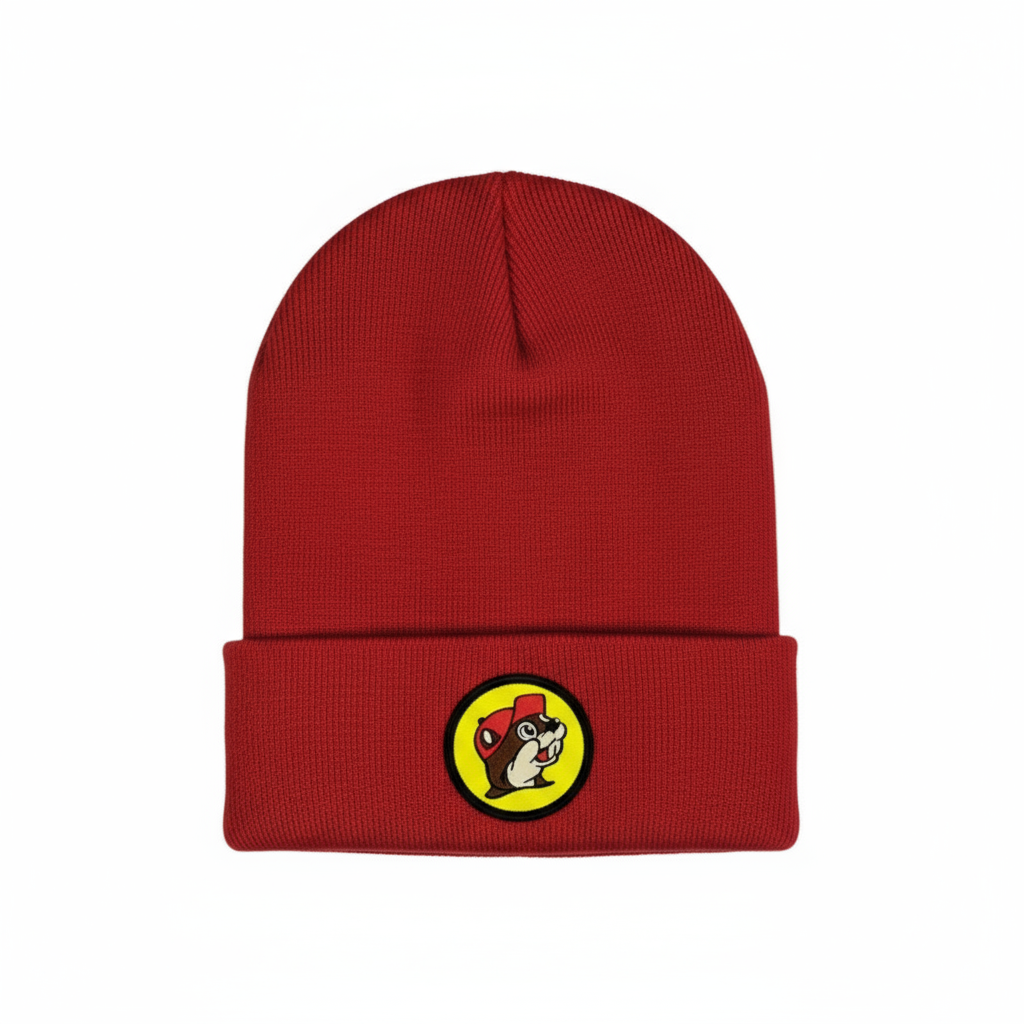 Red cuffed Buc-ee's beanie with a yellow Buc-ee the Beaver patch, on white