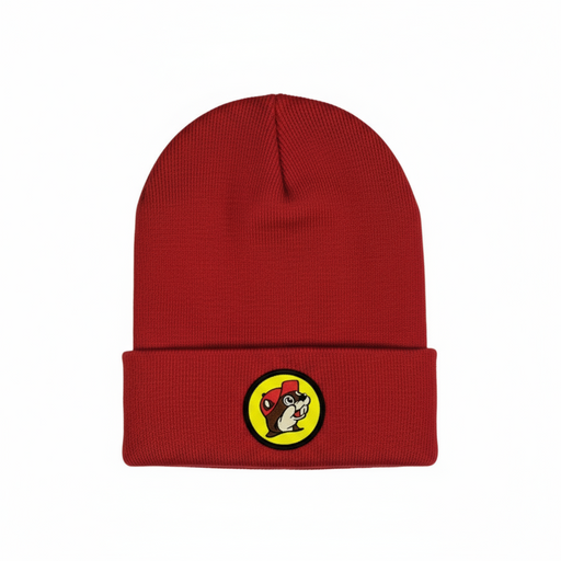 A red beanie with a logo featuring a cartoon beaver on it.