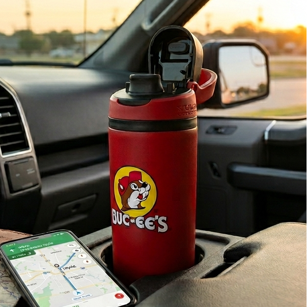 A lifestyle image of a classic red Buc-ee's Hydrobubble tumbler sitting in a vehicle's center console cup holder. The tumbler features the classic yellow and black circular Buc-ee's beaver mascot logo on the front. Its black and red flip-top lid is propped open, revealing a drinking spout. In the foreground, a smartphone lies flat on the console displaying a navigation map app. The background shows a vehicle interior with a side-view mirror, softly blurred against a warm sunset light.