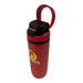 A high-angle side view of the Buc-ee's Classic Red Tumbler, showcasing a large red plastic carrying loop handle extended over the top. The back of the black lid mechanism features a blue button sticker that reads "PUSH TO OPEN". DIsplayed on a white background.