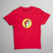 A red crew neck t-shirt with a graphic logo of a beaver in a circular design on the front.