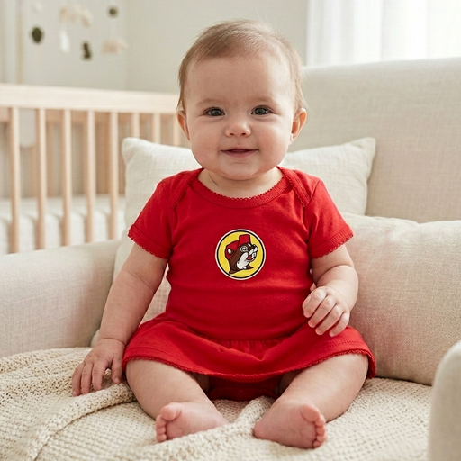 A lifestyle photograph of a happy baby girl sitting upright on a neutral-toned armchair in a bright nursery, wearing the vibrant red Buc-ee's classic onesie dress. The short-sleeve outfit is the central focus, clearly showcasing the circular yellow Buc-ee's beaver logo patch on the chest, the built-in ruffled skirt, and the delicate scalloped embroidery details along the neckline, sleeves, and hem. The soft background features a wooden crib and a plush blanket.