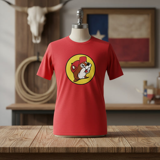 A red crew neck t-shirt with a graphic logo of a beaver in a circular design on the front.