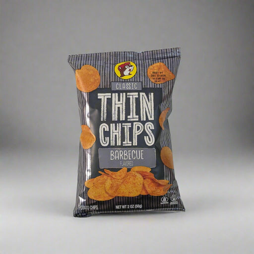 Buc-ee’s Classic Thin Chips Barbecue flavor bag in black packaging with Buc-ee’s beaver logo.