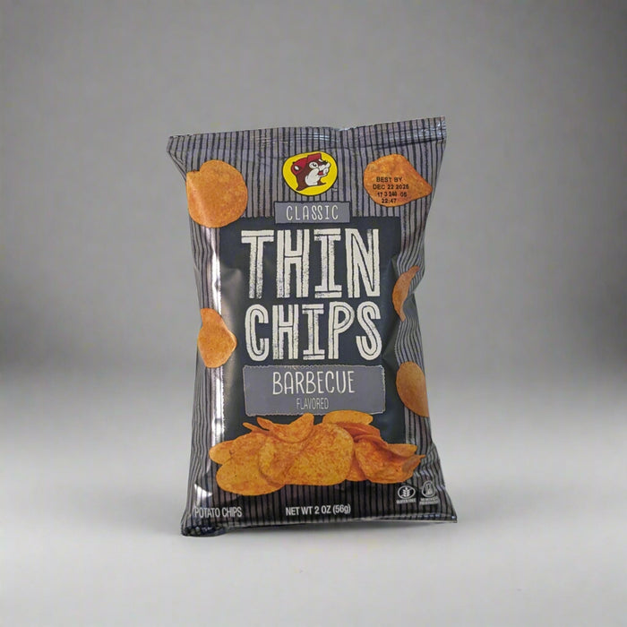 Buc-ee’s Classic Thin Chips Barbecue flavor bag in black packaging with Buc-ee’s beaver logo.