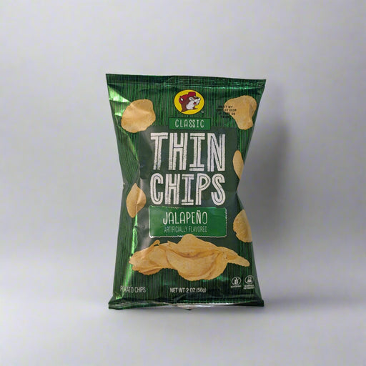 Buc-ee’s Classic Thin Chips Jalapeño flavor bag in green packaging with Buc-ee’s beaver logo.