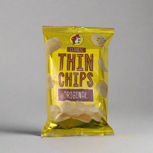 Buc-ee’s Classic Thin Chips Original Flavor bag in bright yellow packaging with Buc-ee’s beaver logo.