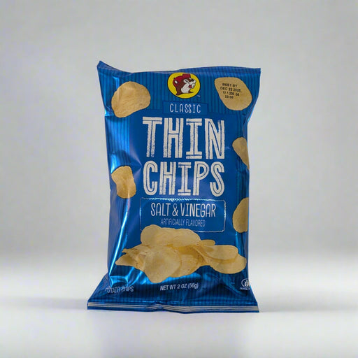 Buc-ee’s Classic Thin Chips Salt & Vinegar bag in blue packaging with Buc-ee’s beaver logo.