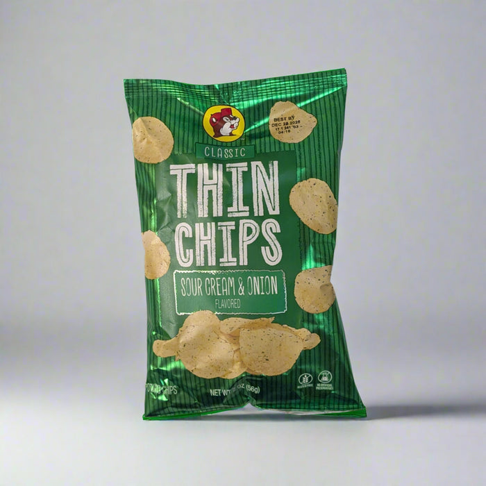 Buc-ee’s Classic Thin Chips Sour Cream & Onion bag in green packaging with Buc-ee’s beaver logo.