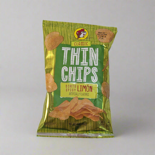Classic Thin Chips Spicy Limon bag in vibrant green packaging with Buc-ee’s beaver logo.