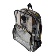 Side view of a 17-inch transparent Buc-ee's clear PVC backpack with black trim, gold metallic zippers, side mesh water bottle pockets, and a black circular logo patch on top center.