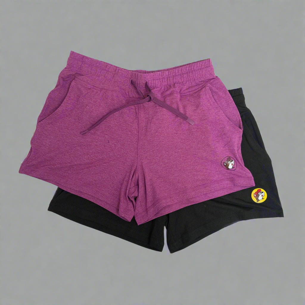 Buc-ee's Cloud Knit Shorts purple and black with a Buc-ee's logo in the corner. 