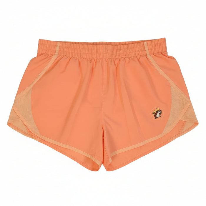 Buc-ee’s women’s coral track shorts with contrast trim, breathable mesh panels, and Buc-ee’s beaver logo