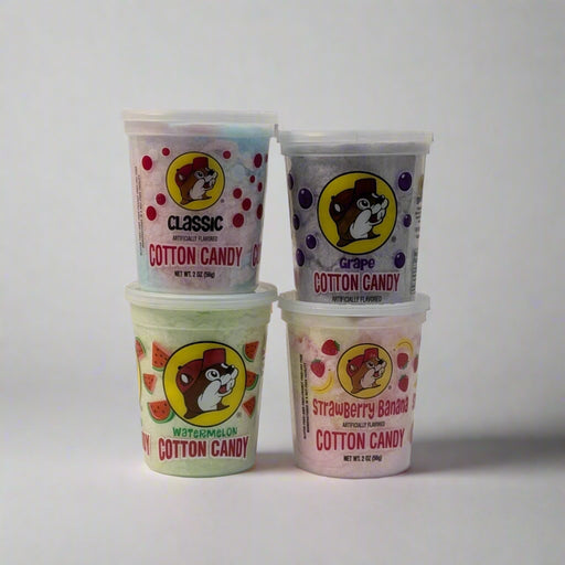 Fluffy, sweet, and melt-in-your-mouth delicious — Buc-ee’s Cotton Candy is a road trip classic! Now you can enjoy four fun flavors straight from the beaver’s den:

Classic – Light, airy, and perfectly sweet, just like the carnival treat you know and love.

Grape – A fruity, bold burst of grape flavor spun into soft clouds.

Watermelon – Juicy, refreshing watermelon goodness in every bite.

Strawberry Banana – A sweet and fruity twist, blending two favorite flavors.