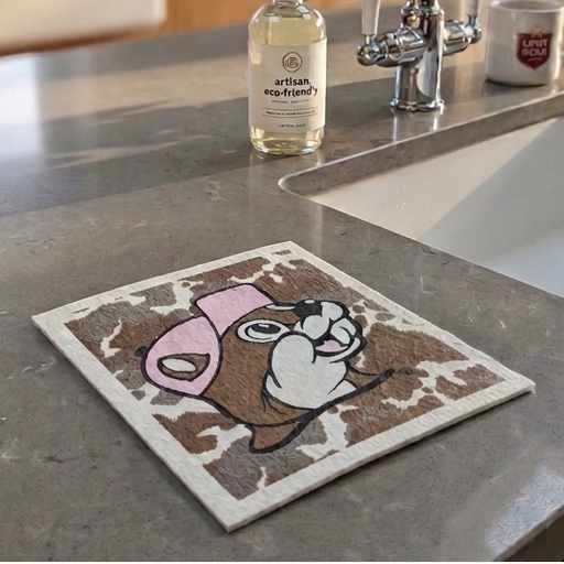 A lifestyle photograph from a kitchen island view, featuring a Buc-ee's Swedish dishcloth with cowhide patterns and smiling Buc-ee beaver face wearing a pink hat resting on a grey quartz countertop near a sink with a stainless steel faucet.