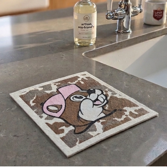 A lifestyle photograph from a kitchen island view, featuring a Buc-ee's Swedish dishcloth with cowhide patterns and smiling Buc-ee beaver face wearing a pink hat resting on a grey quartz countertop near a sink with a stainless steel faucet.