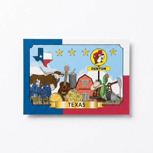 A rectangular Buc-ee's souvenir postcard set against a solid white background with a red, white, and blue Texas state flag border. The central illustration features a Texas Longhorn steer, armadillo, red barn, cowboy boot, acoustic guitar, taco, bluebonnets, yellow roses, and a yellow Buc-ee's sign reading "DENTON" below a line of gold stars and a Texas flag map outline. A gold banner at the bottom reads "TEXAS".