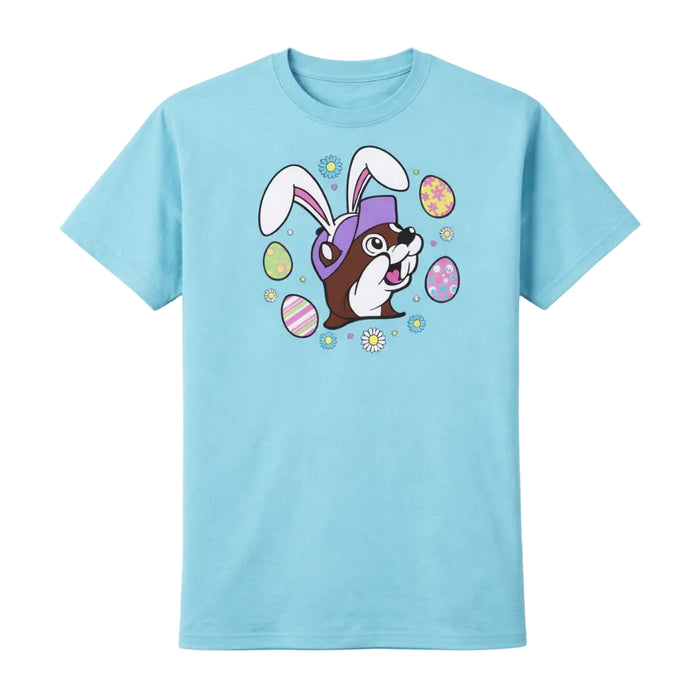 Front view of a light blue Buc-ee’s “Did Some Bunny Say Buc-ee’s” Easter 2026 shirt featuring bunny ears, pastel Easter eggs, flowers, and colorful spring graphics.