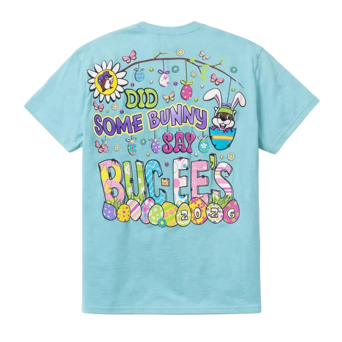 Back view of a light blue Buc-ee’s “Did Some Bunny Say Buc-ee’s” Easter 2026 shirt featuring bunny ears, pastel Easter eggs, flowers, and colorful spring graphics.
