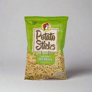 Buc-ee's Dill Pickle Potato Sticks in a green bag.