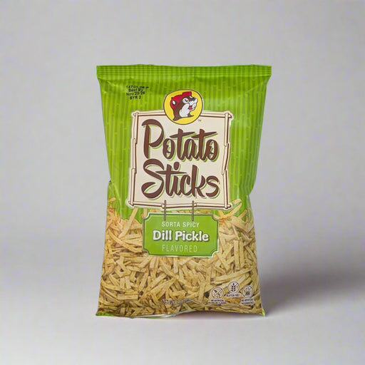 Buc-ee's Dill Pickle Potato Sticks in a green bag.