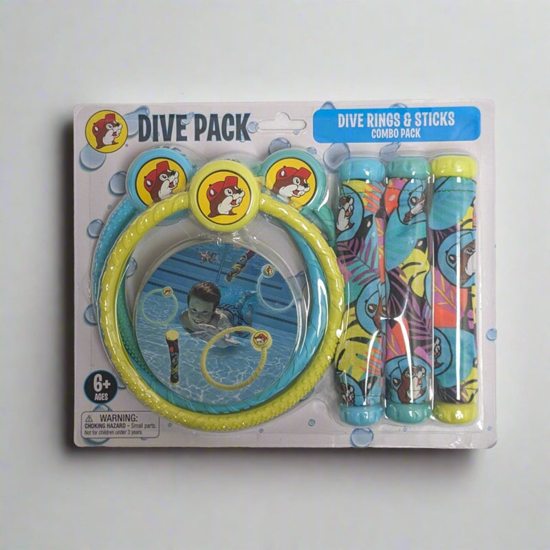 Buc-ee's Dive Pack. Includes 3 diving rings and 3 sinker toys. 