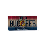 One side of the Buc-ee's Double-Sided  Ohio Magnet, a magnet with a red, silver, and blue gradient background At the top center, the word "OHIO" appears above a large, raised silver "BUC-EE’S" logo. The central circular Buc-ee’s beaver mascot replaces the 'C' and is set against an outline of the state of Ohio. Below the logo, the text "Beaver Believer" is written in silver script. The magnet features rounded corners and sits on a solid white background. 