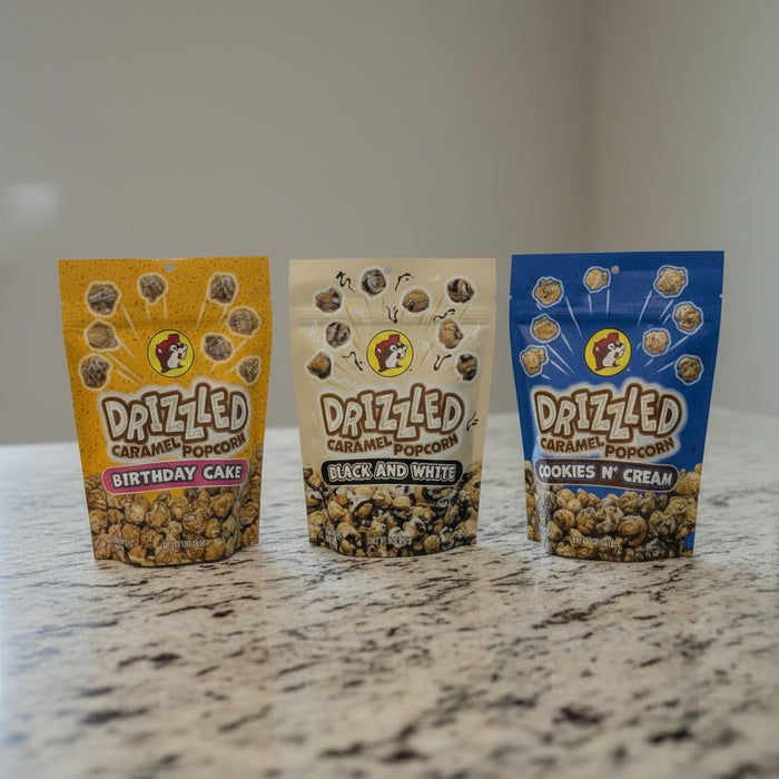 Buc-ee's Drizzled Popcorn Comes in 3 flavors. Birthday Cake, Black & White, and Cookies N' Cream.