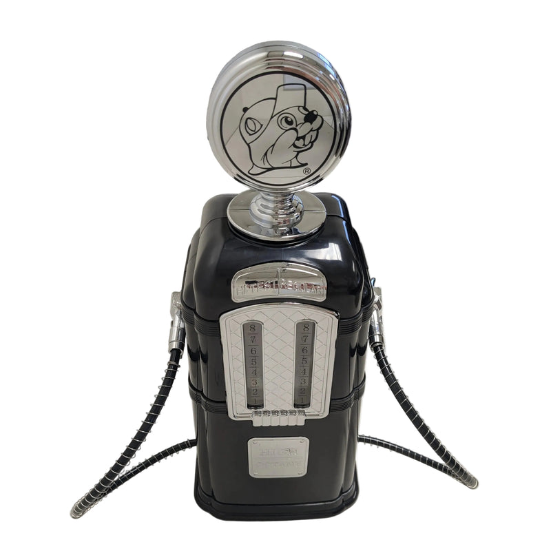 An image of a black vintage-style gas pump dispenser with chrome accents, shot against a clean, neutral white background.
At the top, there is a circular chrome emblem featuring the Buc-ee’s beaver logo in a minimalist black outline. The main body of the pump includes a chrome faceplate with two vertical gauge windows labeled with numbers 1 through 8, and a small silver plaque at the base that reads "HIGH OCTANE." Two flexible, silver-coiled hoses with nozzles are attached to the sides.