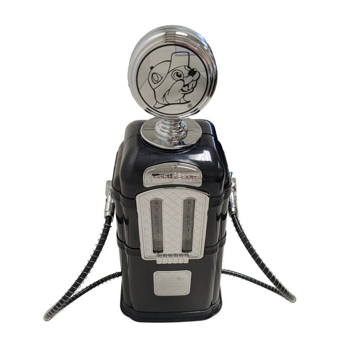 An image of a black vintage-style gas pump dispenser with chrome accents, shot against a clean, neutral white background.
At the top, there is a circular chrome emblem featuring the Buc-ee’s beaver logo in a minimalist black outline. The main body of the pump includes a chrome faceplate with two vertical gauge windows labeled with numbers 1 through 8, and a small silver plaque at the base that reads "HIGH OCTANE." Two flexible, silver-coiled hoses with nozzles are attached to the sides.