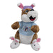 A brown and white plush beaver mascot sitting and wearing a purple hat with bunny ears, a light blue t-shirt with a Buc-ee bunny graphic, and white plush bunny slippers.