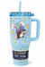 A light blue 40oz Yukon Outfitters "Fit Forty" tumbler with a large handle, blue lid, and straw. The design features the Buc-ee's beaver wearing bunny ears surrounded by colorful Easter eggs and daisies.
