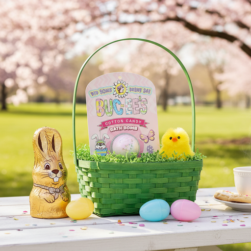 A wicker Easter basket sits on a light-colored wooden table outdoors. Inside the basket, there is a Buc-ee's 'Cotton Candy' bath bomb in its original packaging, a yellow plush chick, and green Easter grass. Outside of the basket on the table, there is a classic-style chocolate bunny and three pastel-colored plastic Easter eggs. The background shows a soft-focus, sunny spring scene with cherry blossom trees in bloom.