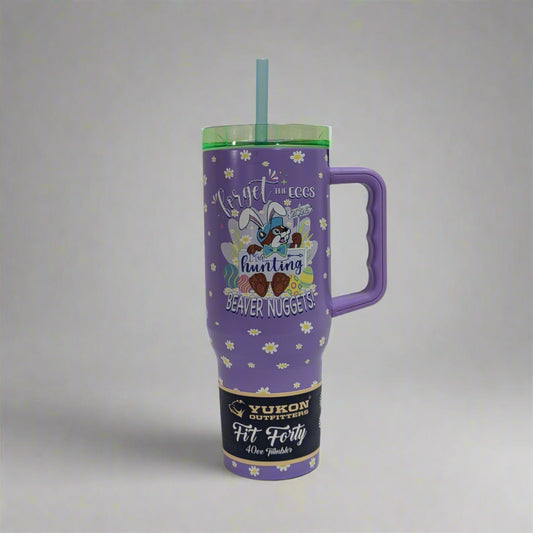 Buc-ee's Easter Tumbler is a pastel purple color with flowers all around. With a Buc-ee's beaver with bunny ears. 