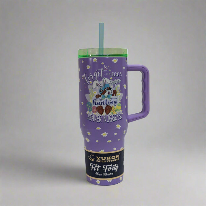 Buc-ee's Easter Tumbler is a pastel purple color with flowers all around. With a Buc-ee's beaver with bunny ears. 