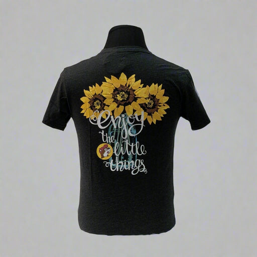 Buc-ee's "Enjoy the Little Things" Shirt with sunflowers on the back with the saying and Buc-ee logo. 