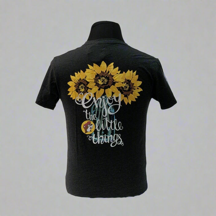 Buc-ee's "Enjoy the Little Things" Shirt with sunflowers on the back with the saying and Buc-ee logo. 
