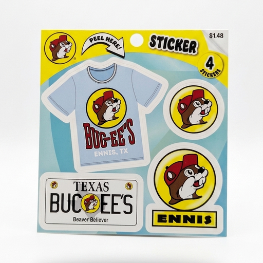 A 4-count Buc-ee's sticker sheet packaged on a bright yellow card. Stickers include a light blue t-shirt graphic reading "Buc-ee's Ennis, TX", a white Texas license plate sticker reading "Buc-ee's Beaver Believer", a circular Buc-ee's beaver logo sticker, and a yellow roadside sign sticker reading "ENNIS".