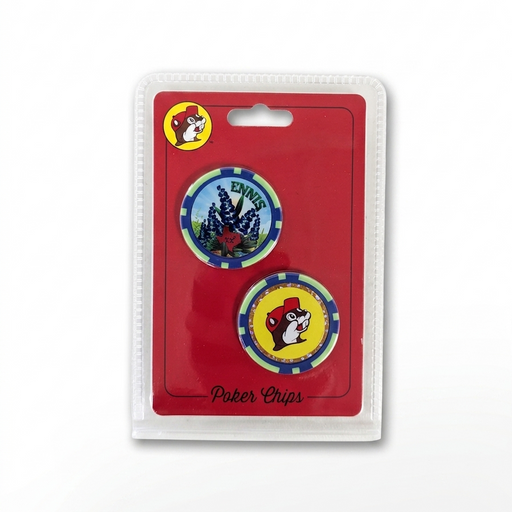 A packaged set of two casino-style poker chips on a red card. The top chip features bluebonnet flowers, a red Texas shape, and the word "ENNIS". The bottom chip displays the smiling Buc-ee's beaver mascot on a yellow background with a glittering gold inner rim.