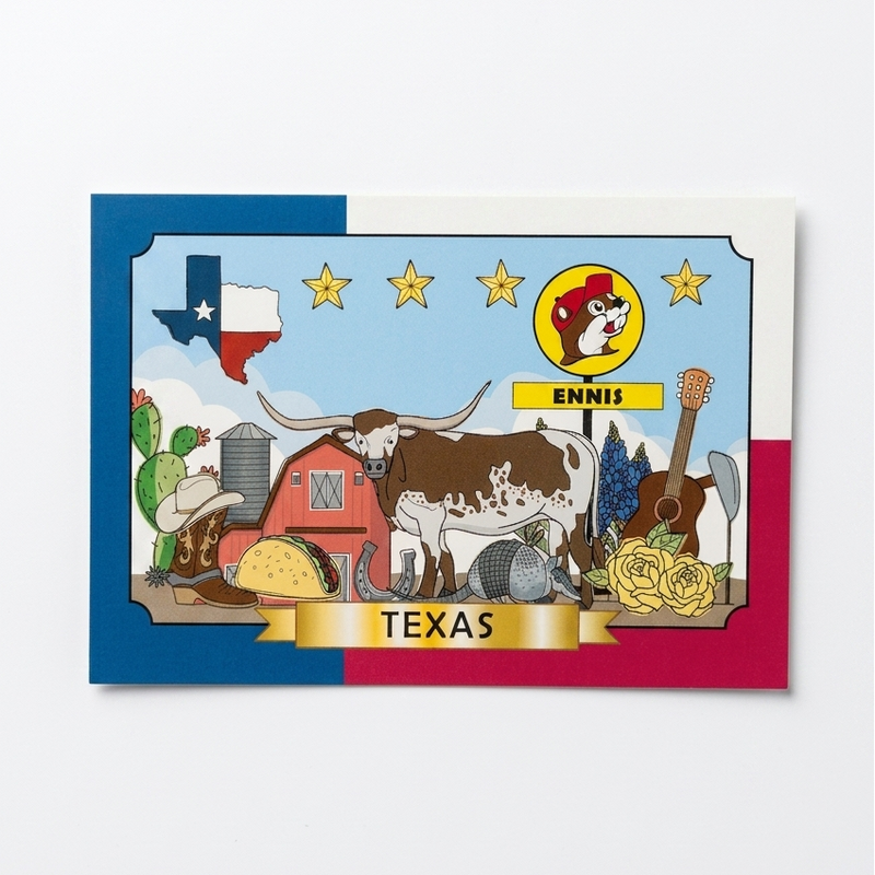 Buc-ee's Ennis Texas postcard with state symbols including a Longhorn, armadillo, cowboy boot, taco, and Buc-ee's sign.