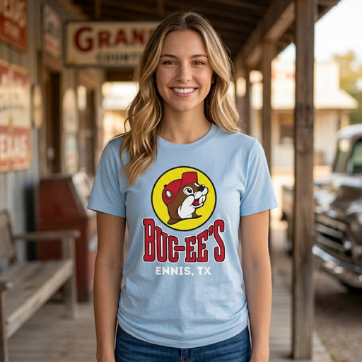 Smiling woman standing under a wooden porch in front of a rustic store, wearing a light blue t-shirt featuring the yellow Buc-ee's beaver logo with red "BUC-EE'S" text and white "ENNIS, TX" printed underneath.