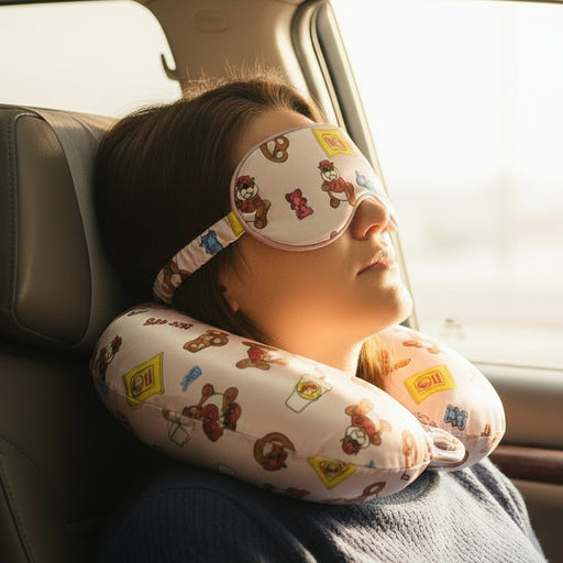 Buc-ee’s travel set featuring a silky eye mask and matching U-shaped neck pillow decorated with Buc-ee the Beaver, Beaver Nuggets bags, gummy bears, pretzels, and snack icons, displayed on a woman sitting in a car.
