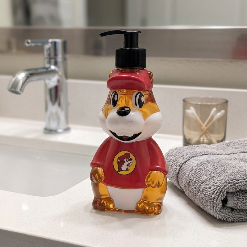 A close-up shot of the Buc-ee's beaver-shaped hand soap dispenser sitting on a white bathroom countertop next to a sink, chrome faucet, glass holder with cotton swabs, and a folded grey hand towel.